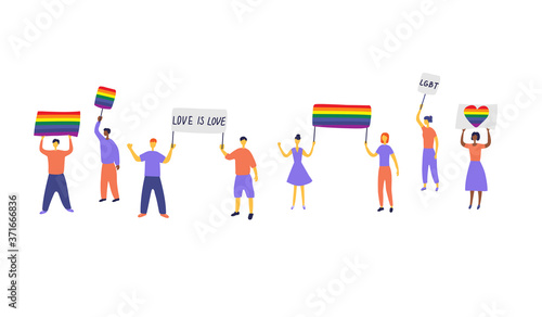 LGBT community staged protest against infringement of the rights and discrimination of sexual minorities. People defend their rights, oppose injustice. Group of protesters with rainbow placards. Flat