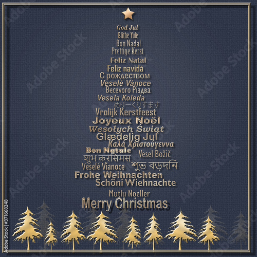 Luxury Merry Christmas card In Different European, Eastern European, Hindi, Bengali, Indian, Japanese Languages forming Christmas Tree and border of gold trees on blue background. 3D illustration