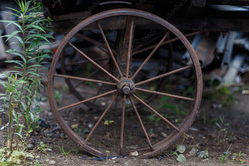 the wheel of an old cart, taken on a cloudy day