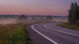 Road between foggy fields at dawn in early autumn in the countryside