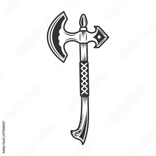 Viking battle axe with wooden handle in vintage monochrome style isolated vector illustration