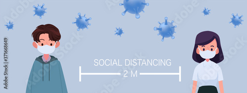 man and woman character wearing surgical or medical face mask maintain social distancing to prevent from virus spreading and flu prevention. coronavirus, social isolation and self quarantine concept.
