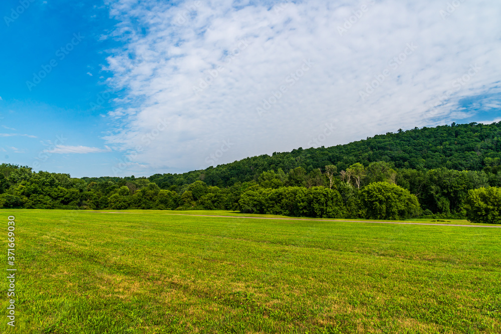 green field and blue sky with clouds