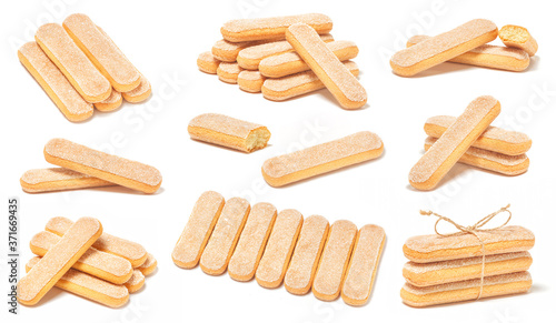 Set of ladyfinger savoiardi biscuit compositions, isolated on white background