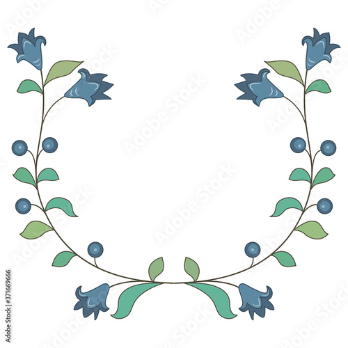 Symmetrical floral decor or frame. Two stylized branches of bluebell flower. Folk style. Wildflower floral motif.