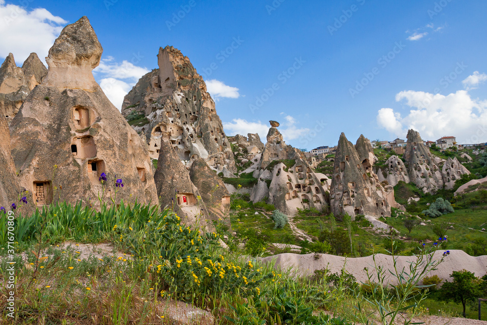 Volcanic rock formations and cave dwellings in Uchisar, Cappadocia, Turkey