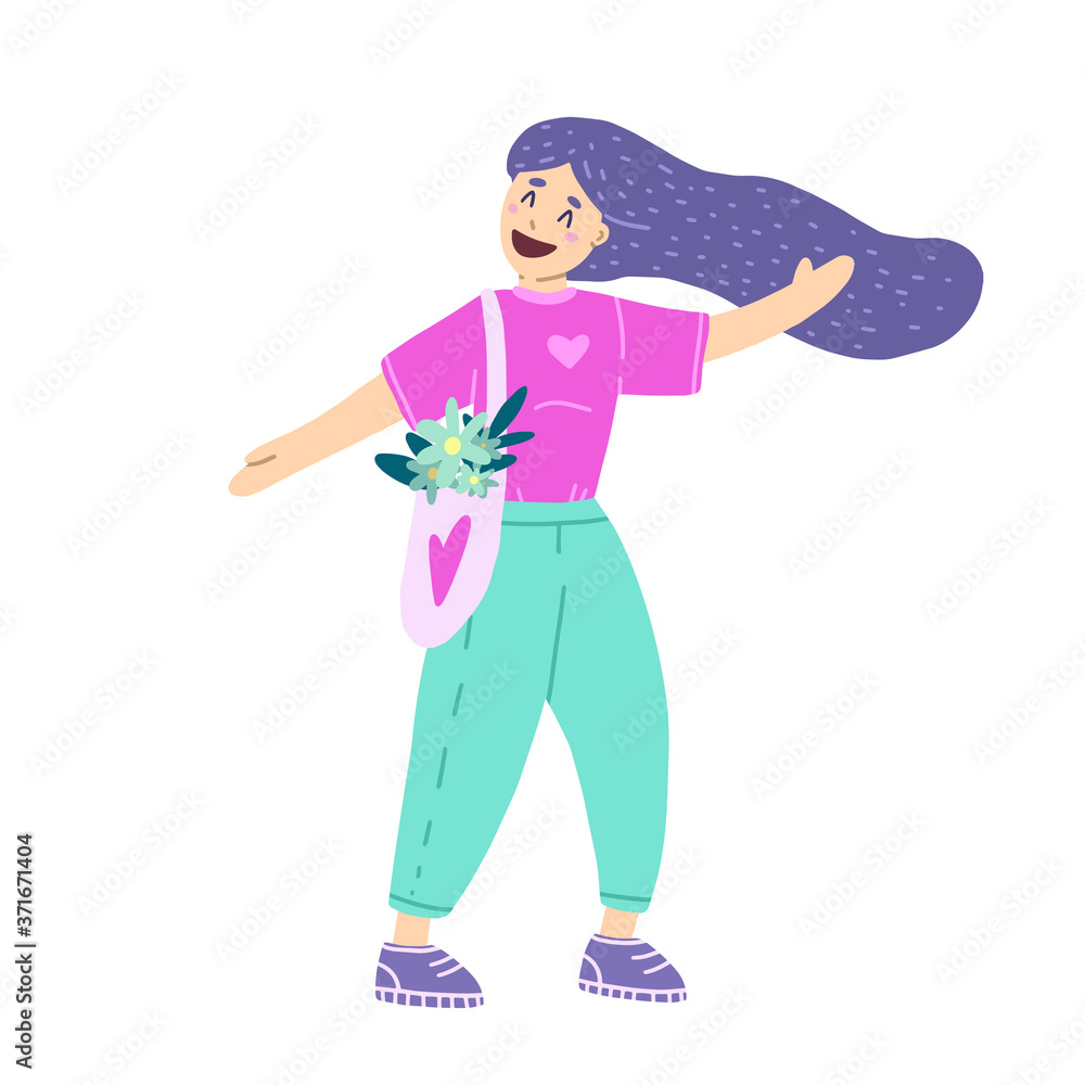 Happy young woman walk, modern flat vector illustration. Smiling cartoon character Happy young woman walk, modern flat vector illustration. Smiling cartoon character