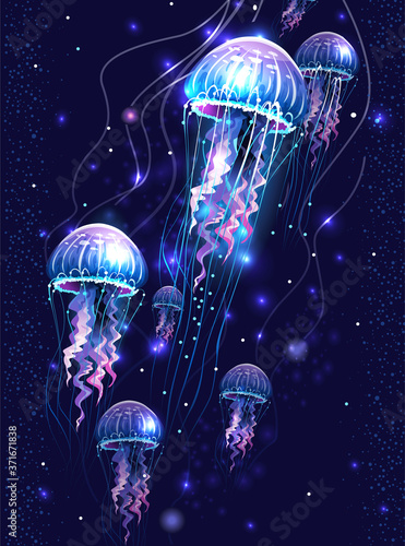 Glowing vivid transparent underwater jellyfishes