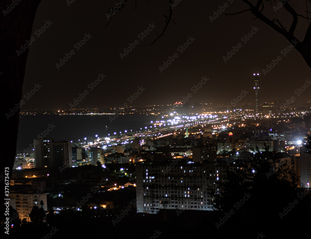 Algiers great mosque and sea scape view by night