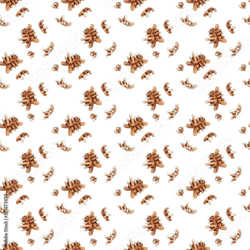 Seamless watercolor walnuts pattern design on white background