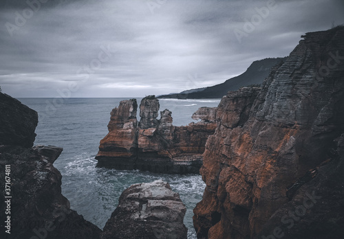 Punakaiki pancake rocks and blowholes over the cloudy weather