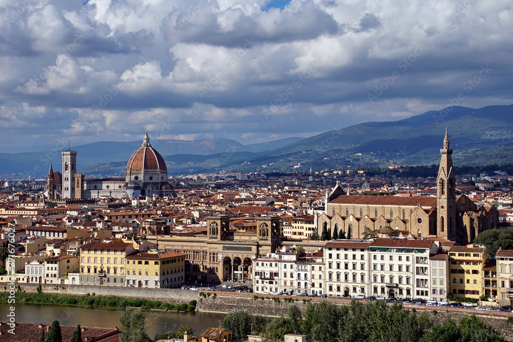 Panoramic view over the city of Florence from Michelangelo Square called Piazzale Michelangelo - Tuscany, Italy