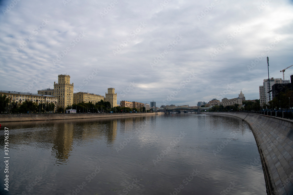 panoramic view of the big river in the city at sunrise