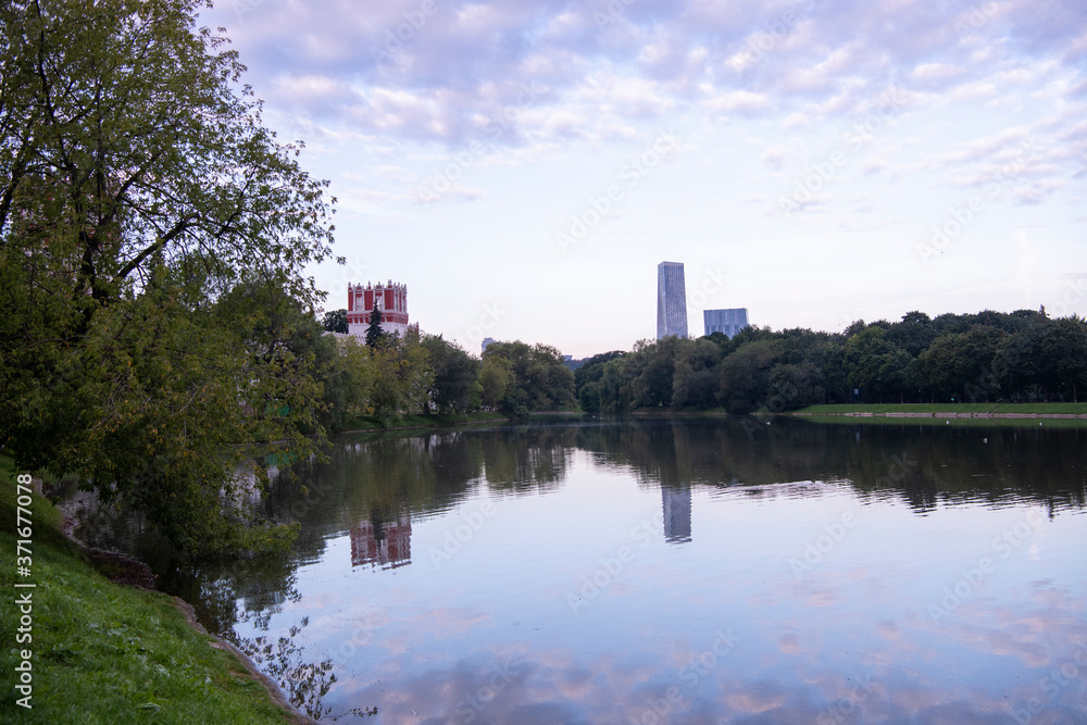 panoramic view of the big river in the city at sunrise