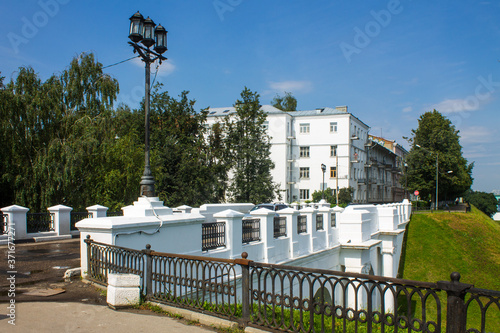 historical city center in Yaroslavl Russia with a white stone landmark on a clear summer day against a blue sky and space for copying photo