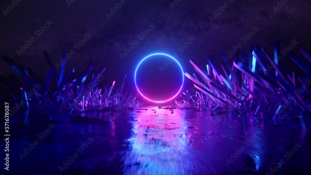Asbractic flight, neon light ring shape, mysterious space landscape, forward flight through the corridor of crystals, virtual reality, outer space, star panorama. Seamless loop 3d render