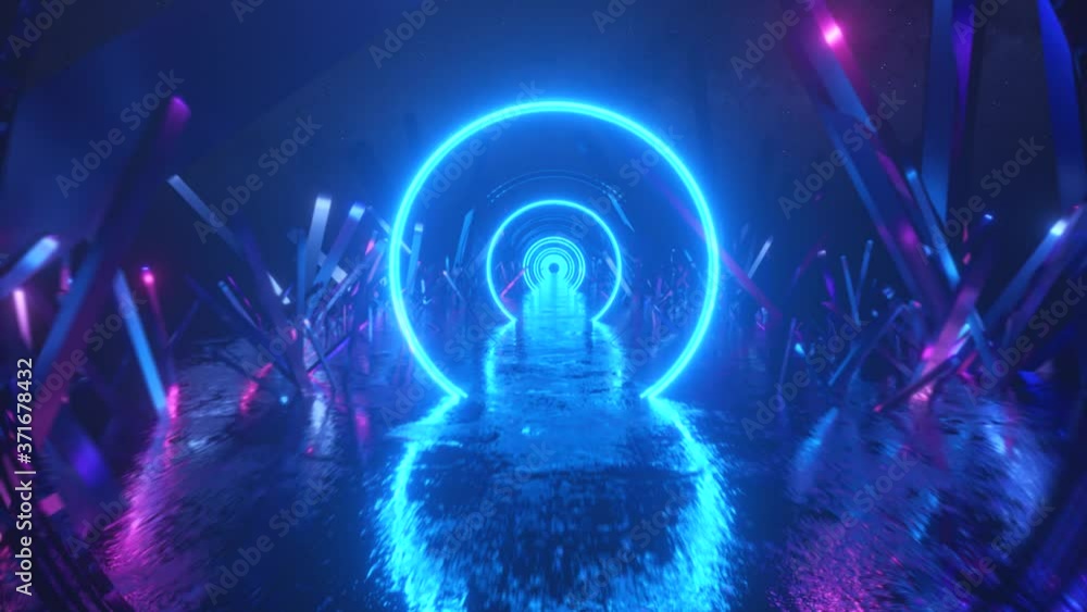 Asbractic flight, neon light ring shape, mysterious space landscape, forward flight through the corridor of crystals, virtual reality, outer space, star panorama. Seamless loop 3d render