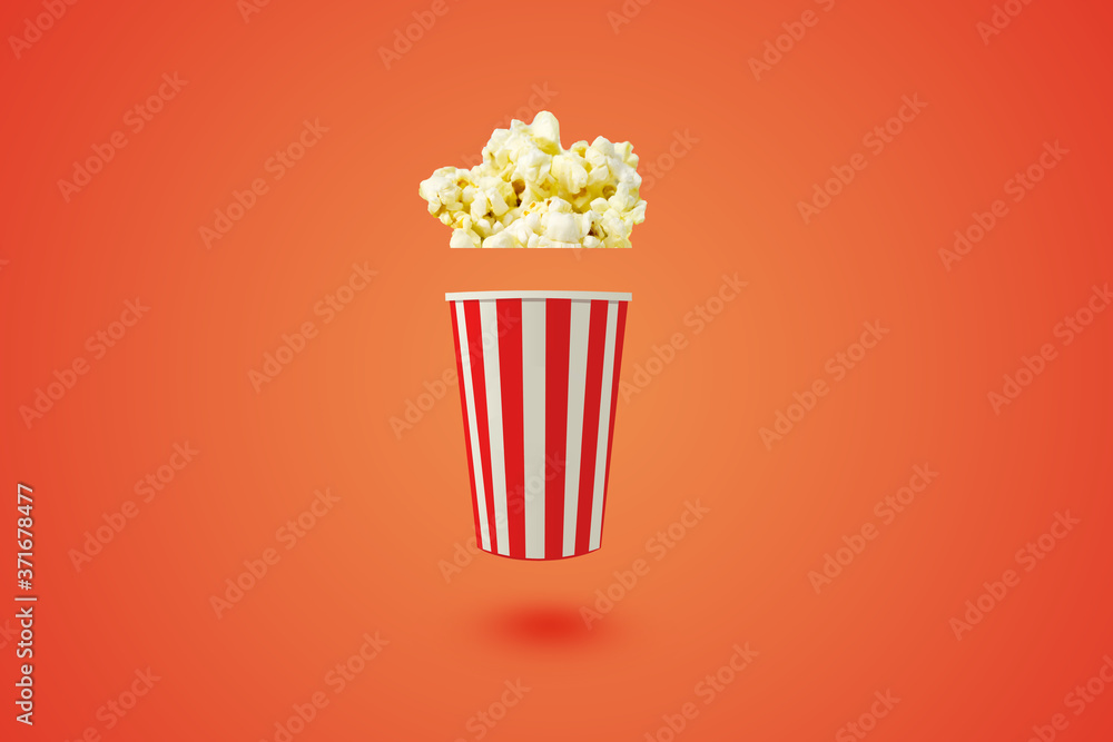 3D flying Popcorn on orange lighting background: cinema minimal concept : 3D illustration Professional visualisation of creativity 