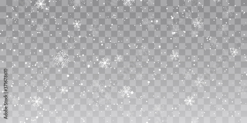 Vector heavy snowfall, snowflakes in different shapes and forms. Snow flakes, snow background. Falling Christmas