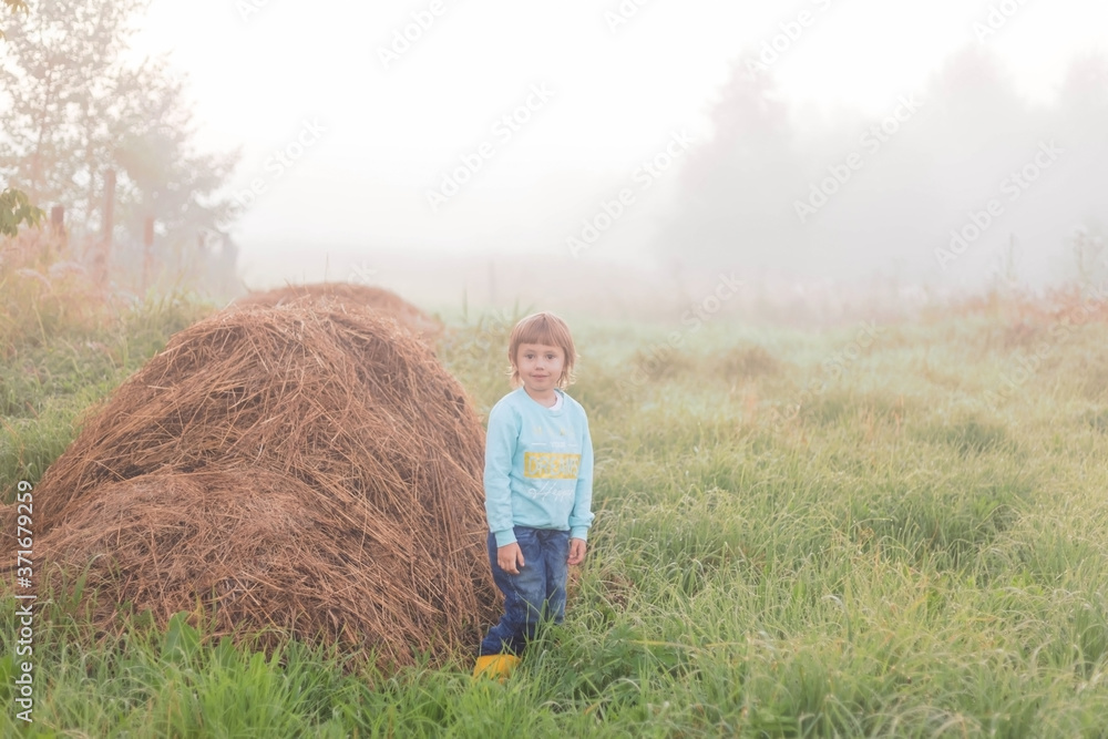 A girl stands next to a stack of dry grass against a foggy landscape A girl stands next to a stack of dry grass against a foggy landscape