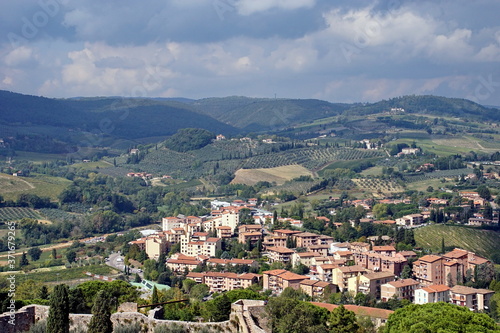 Via San Giovanni and the surrounding Tuscan countryside photographed from the Torre Grossa - San Gimignano, Tuscany, Italy