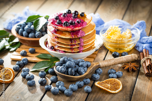 Blueberries with pancakes. Dessert breakfast. 