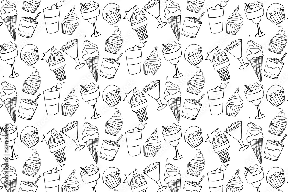 Desserts  lineart doodle seamless pattern isolated on white background