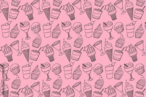 Desserts lineart doodle seamless pattern isolated on pink background