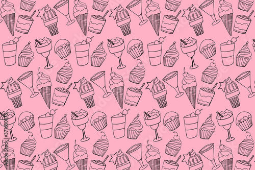 Desserts  lineart doodle seamless pattern isolated on pink  background