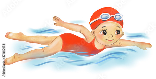 Watercolor illustration of a swimming girl in a red swimsuit. Sports, health, swimmer, swimming