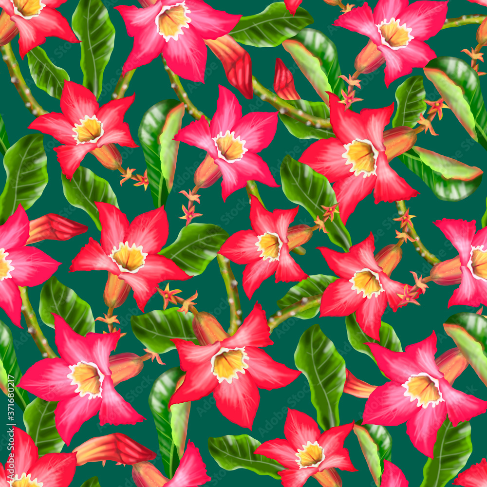 Watercolor seamless patterns, digital paper with red flowers on a green background.