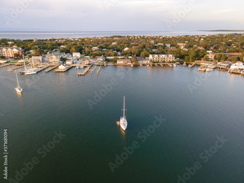 Aerial View of Village on Ocracoke Island, North Carolina at Golden Hour