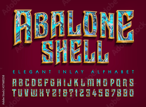 Abalone Shell Inlay Effect Alphabet. An Elegant and Ornate Font with Gold Edges and Abalone Rainbow Inlay Effects at the Center. Bejeweled Typography Ideal for Chic and Expensive Applications.