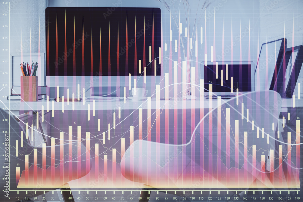 Double exposure of stock market graph drawing and office interior background. Concept of financial analysis. Double exposure of stock market graph drawing and office interior background. Concept of financial analysis.