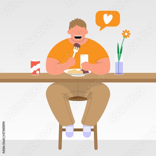 The man at the cafe table looks at the phone and eats. Vector flat icon