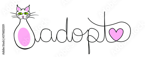 adopt pet text hand written line art design, adopt a cat, cursive handwriting, isolated In white background, vector illustration