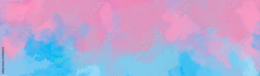 Colorful watercolor background of abstract sunset sky with puffy clouds in bright rainbow colors of pink, blue and purple