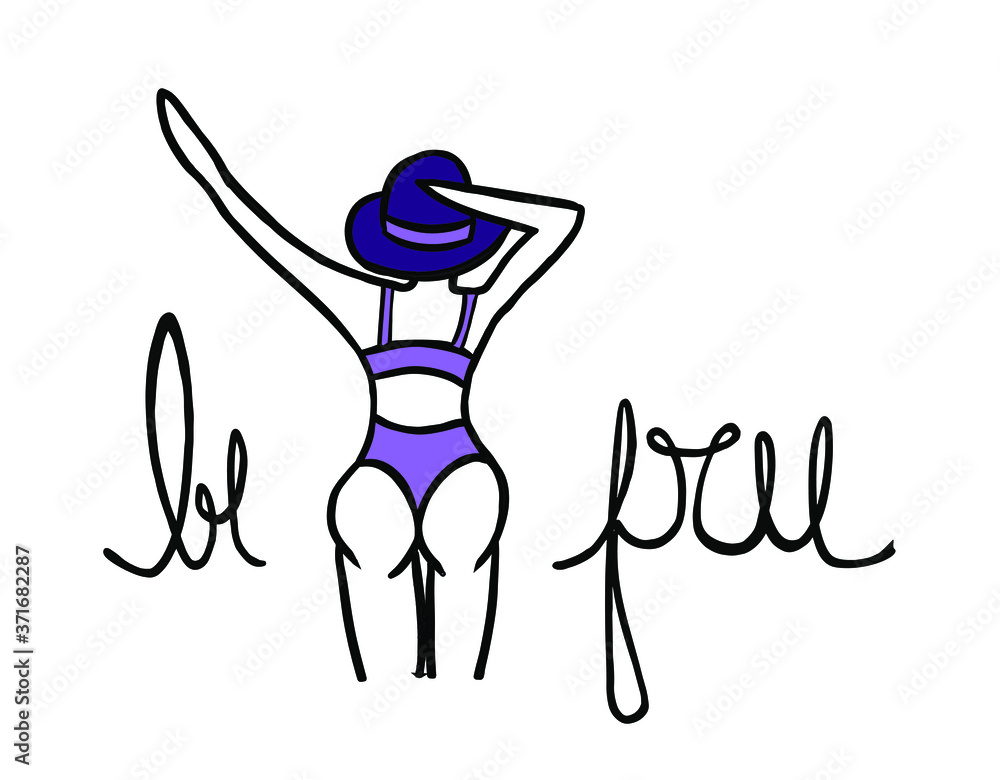 be free cursive handwritten message sign, woman from the back wearing swimsuit, freedom concept, text isolated on white background, line art vector illustration be free cursive handwritten message sign, woman from the back wearing swimsuit, freedom concept, text isolated on white background, line art vector illustration