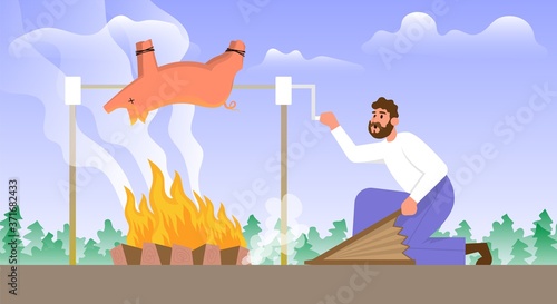 Man roasts a whole pig over a bonfire. Cartoon vector illustration.