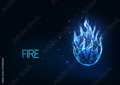 Futuristic glowing low polygonal fire, campfire, bright blue flame isolated on dark blue background.