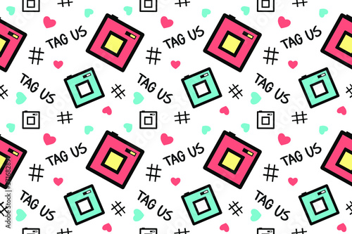 tag us on social media seamless pattern, hashtag text wallpaper, camera and photo background, vector illustration