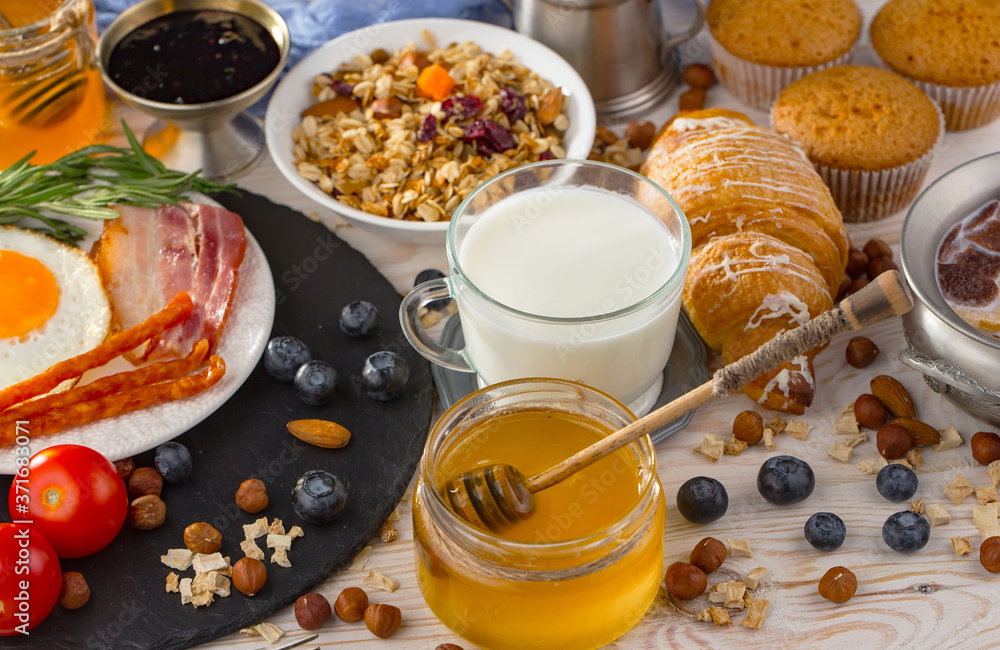 Healthy breakfast on an old background