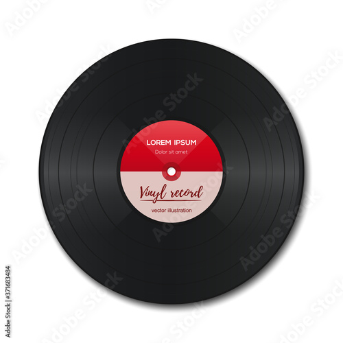 Vinyl record with red label. Vinyl isolated on white. Old technology. Realistic retro design. Vector illustration