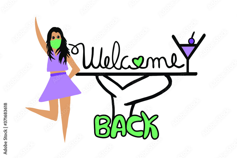 welcome back sign, message handwritten cursive text, reopening after covid-19 pandemic lockdown, cute gappy fun girl wearing mask, isolated on white background, vector illustration