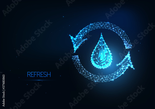 Futuristic water recycling, refresh concept with glowing low polygonal water drop and recycle symbol