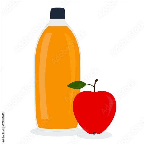 Bottle of apple cider vinegar and red apple near it. Vector flat cartoon illustration.