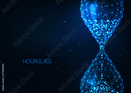 Futuristic glowing low polygonal sand glass, hourglass isolated on dark blue background.