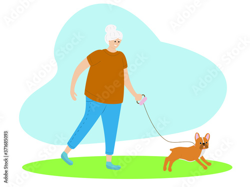 Smiling senior woman walking with french bulldog outdoor. Happy old lady with her favorite pet. Healthy lifestyle and active pastime for elderly people. Vector flat cartoon illustration.