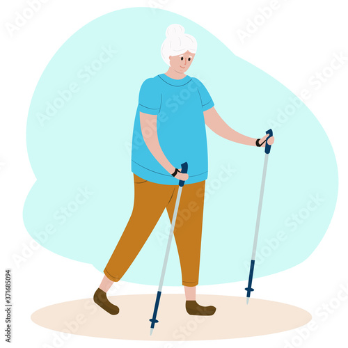 Senior woman nordic walking. Old lady doing exercises. Outdoor activities and healthy lifestyle for eldery people. Vector flat cartoon illustration.