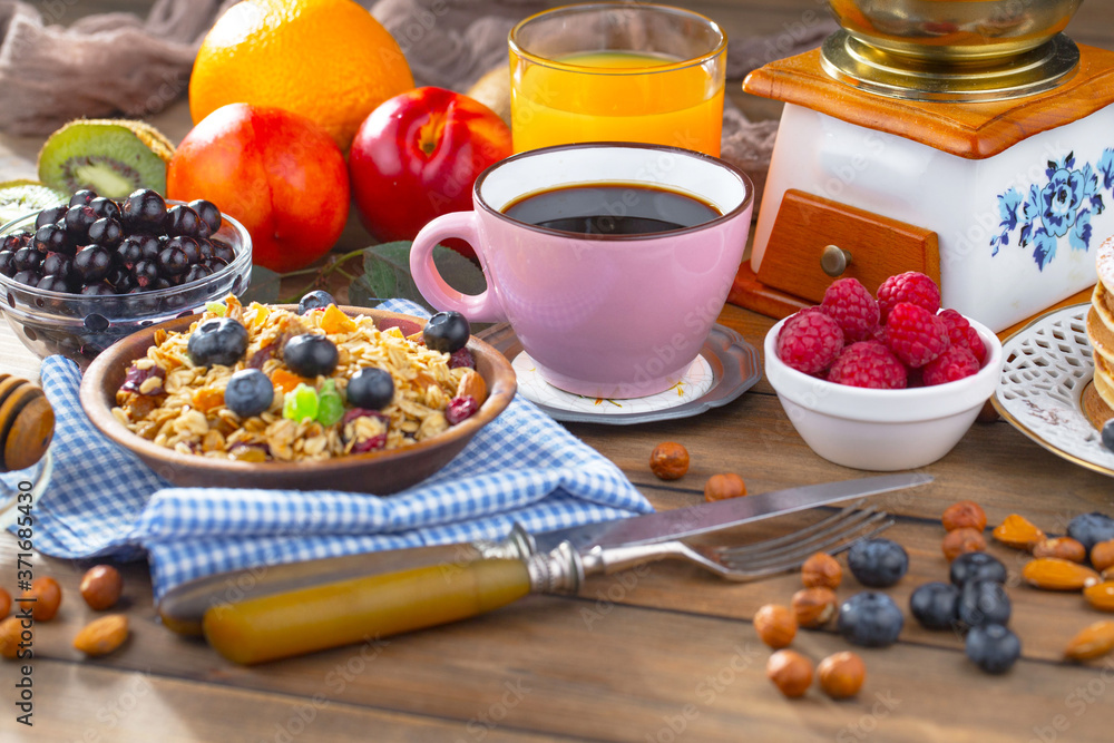 Healthy breakfast on an old background. The concept of tasty and healthy food. Healthy breakfast on an old background. The concept of tasty and healthy food.